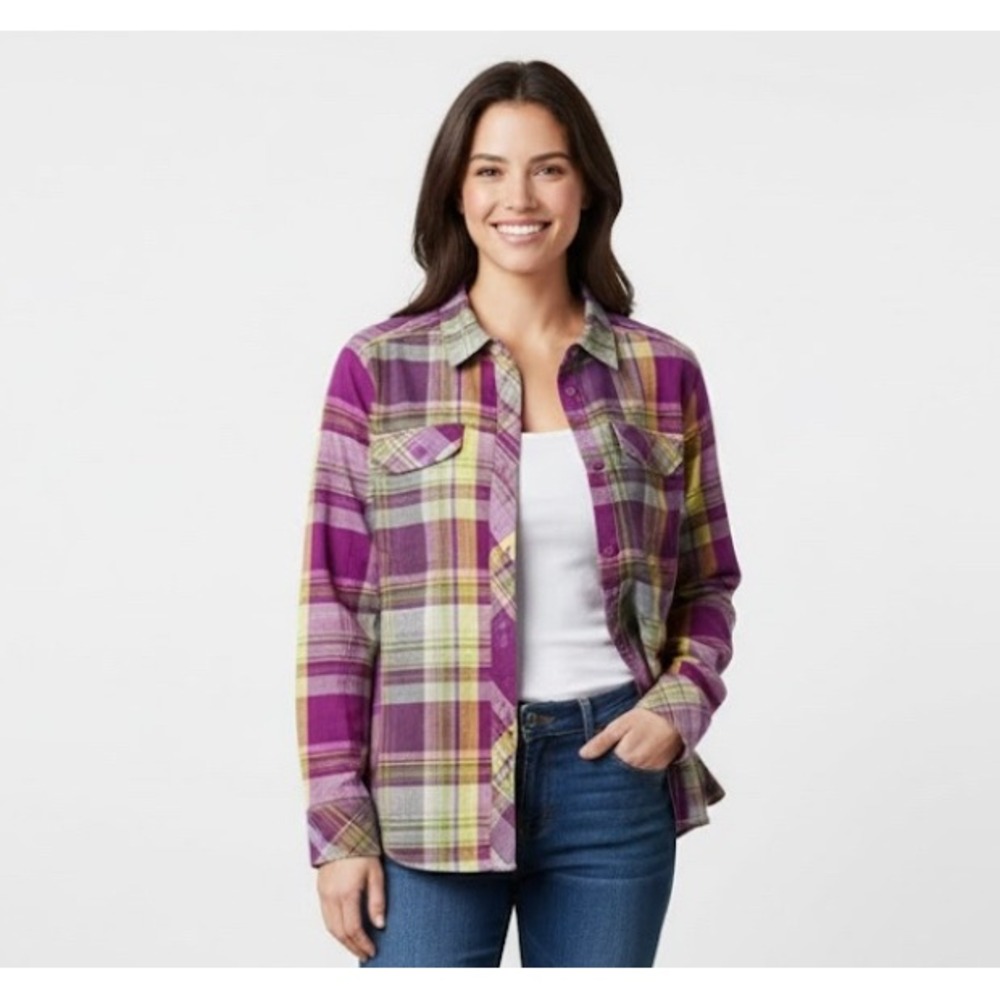 Columbia Women's Plaid Long Sleeve Button‎ Up Shirt Purple Yellow Green Size S